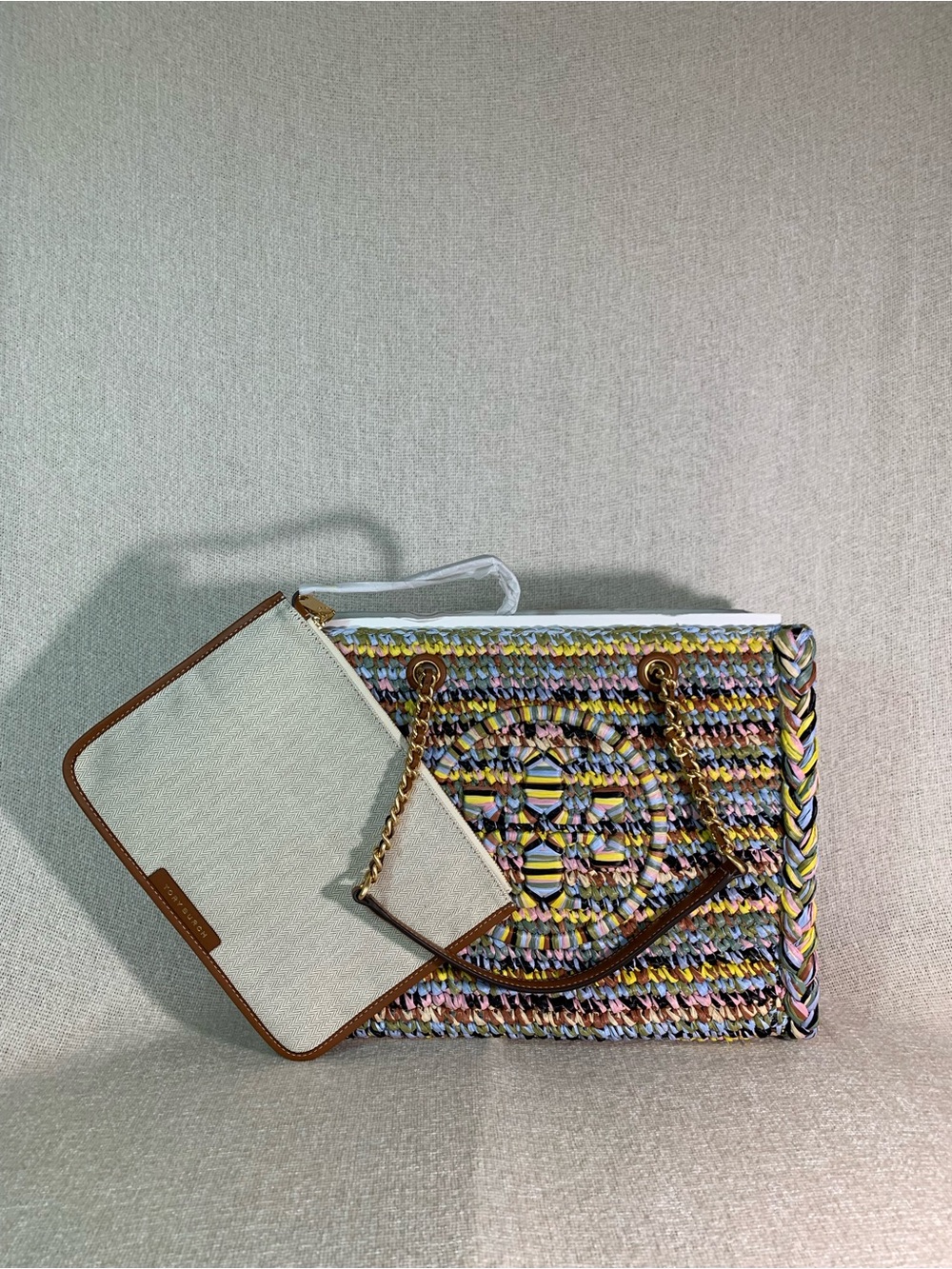 Tory Burch Ella Raffia Melange Multicolor Small Chain Tote - Picture 3 of 16